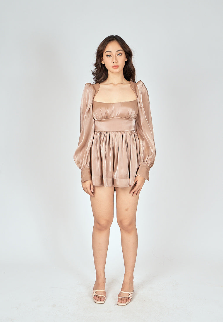 Jouhana Brown Sqaure Neck Cuff Long Sleeves Open Back Mini Dress