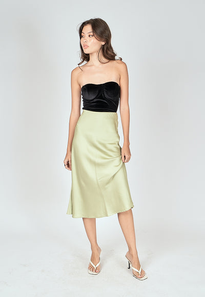 Kyler Pastel Green Silk A-Line Midi Skirt