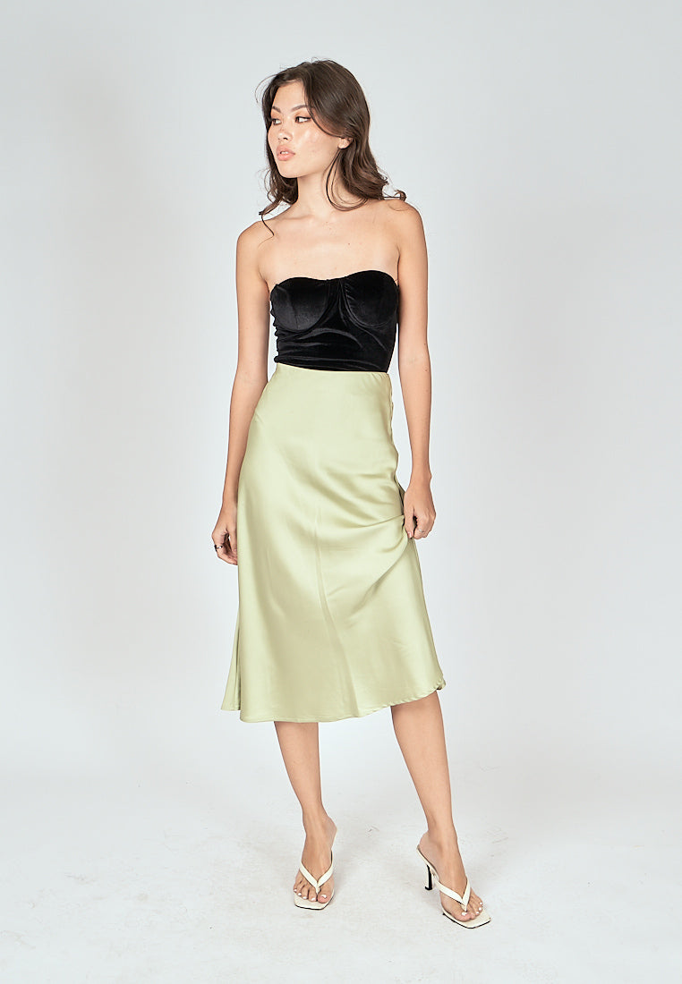 Kyler Pastel Green Silk A-Line Midi Skirt