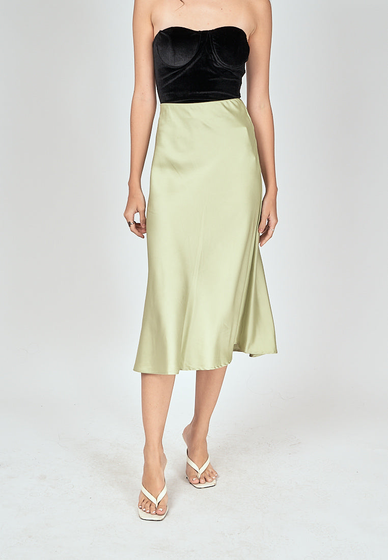 Kyler Pastel Green Silk A-Line Midi Skirt