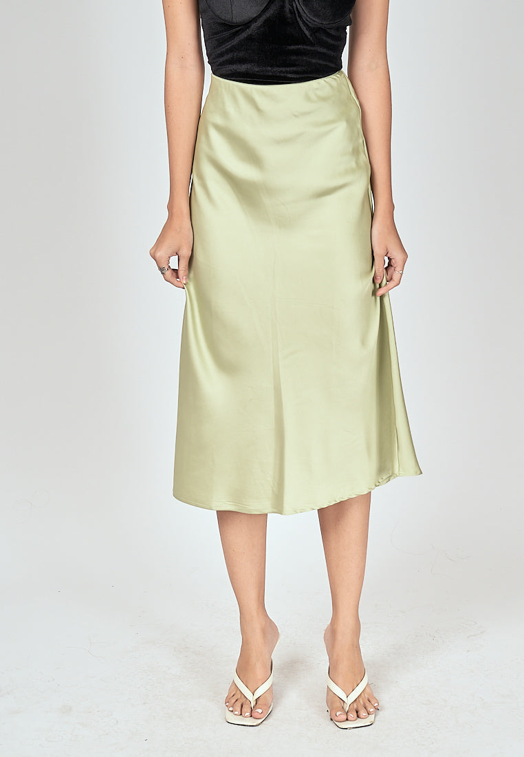 Kyler Pastel Green Silk A-Line Midi Skirt