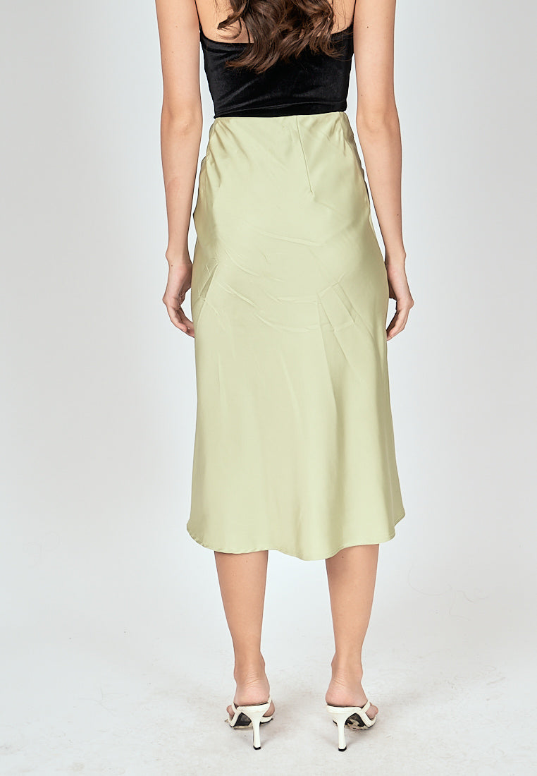 Kyler Pastel Green Silk A-Line Midi Skirt