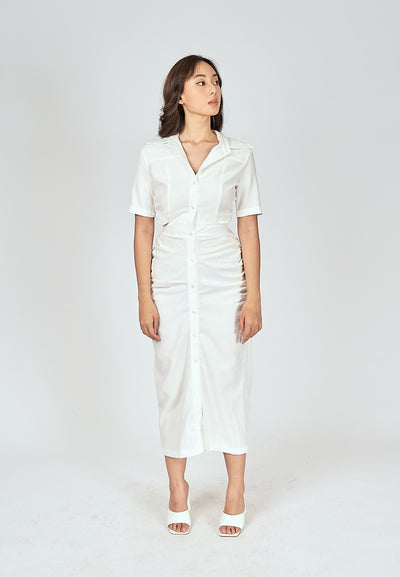 Lenard White Collared Buttondown Short Sleeves Hollow Out Waist Ruch Side Midi Dress