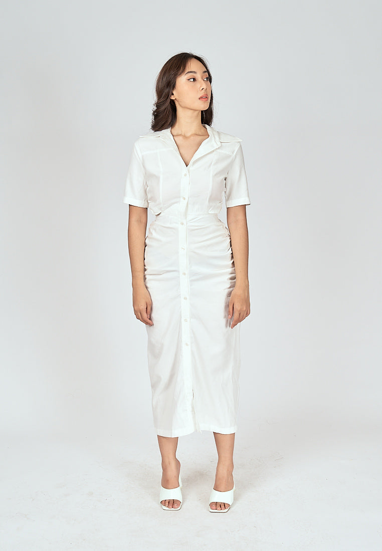 Lenard White Collared Buttondown Short Sleeves Hollow Out Waist Ruch Side Midi Dress