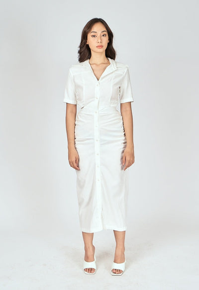 Lenard White Collared Buttondown Short Sleeves Hollow Out Waist Ruch Side Midi Dress