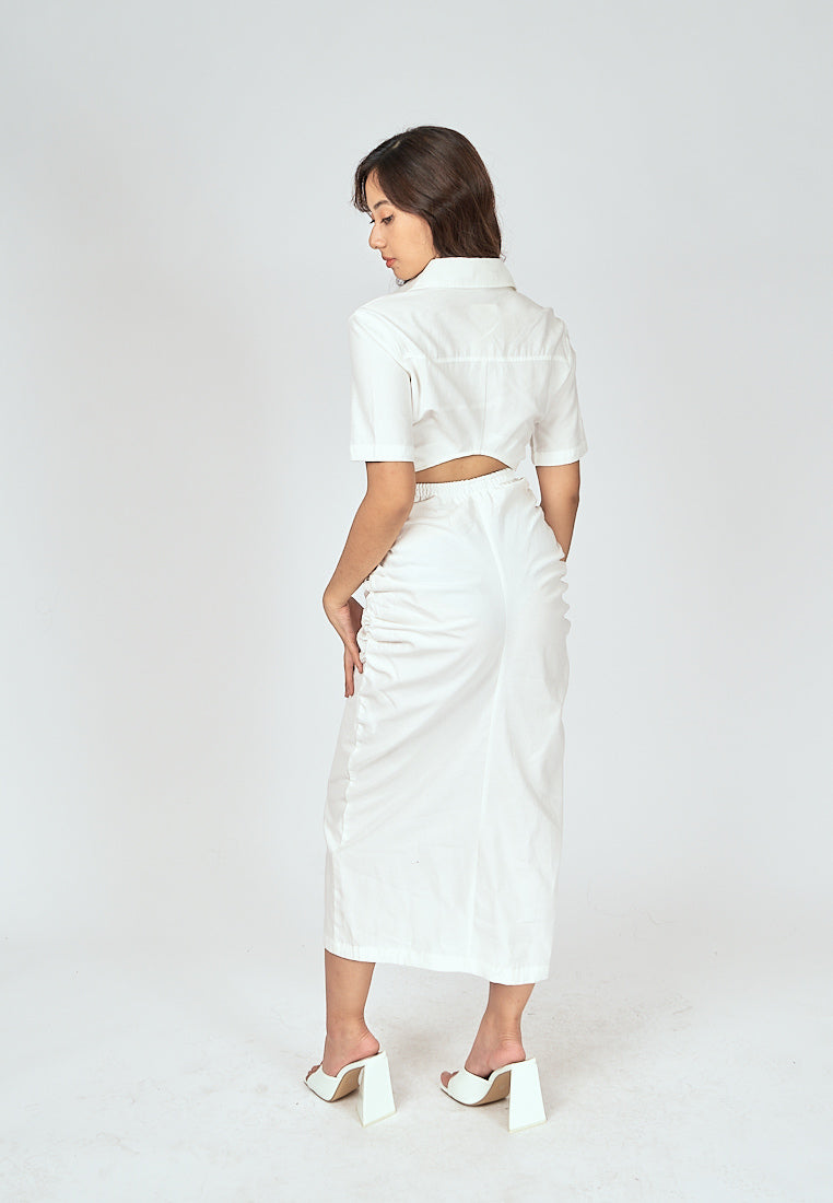 Lenard White Collared Buttondown Short Sleeves Hollow Out Waist Ruch Side Midi Dress