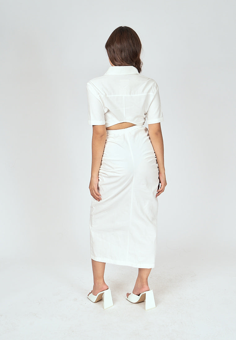 Lenard White Collared Buttondown Short Sleeves Hollow Out Waist Ruch Side Midi Dress