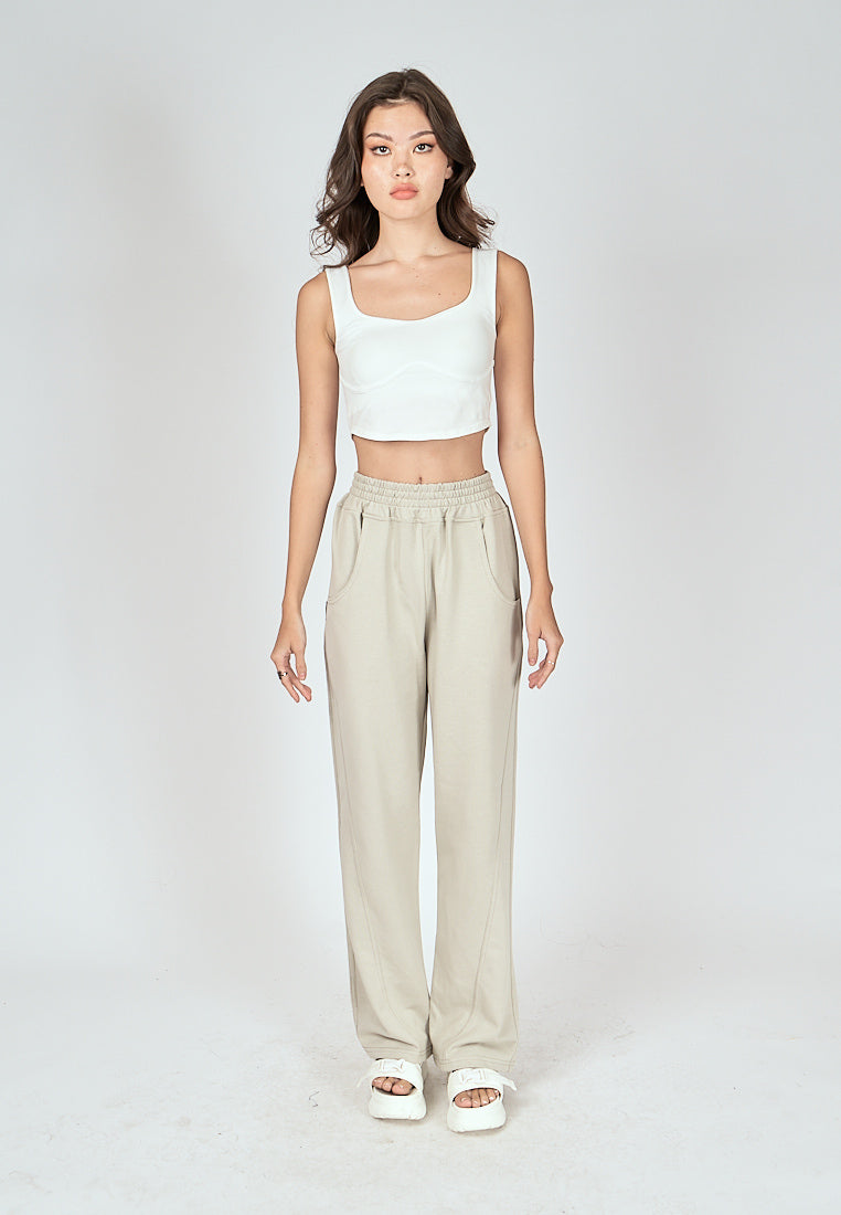 Bobby Off White Elastic Waist Side Pockets Straight Cut Sweatpants