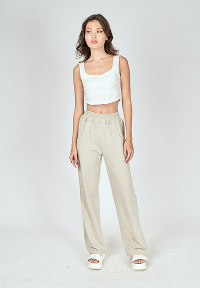 Bobby Off White Elastic Waist Side Pockets Straight Cut Sweatpants