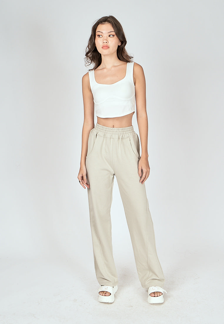 Bobby Off White Elastic Waist Side Pockets Straight Cut Sweatpants