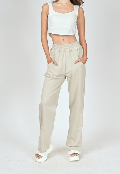 Bobby Off White Elastic Waist Side Pockets Straight Cut Sweatpants