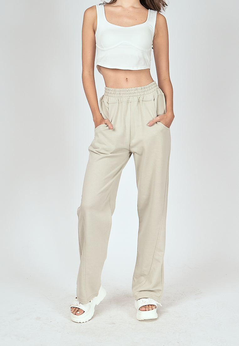 Bobby Off White Elastic Waist Side Pockets Straight Cut Sweatpants