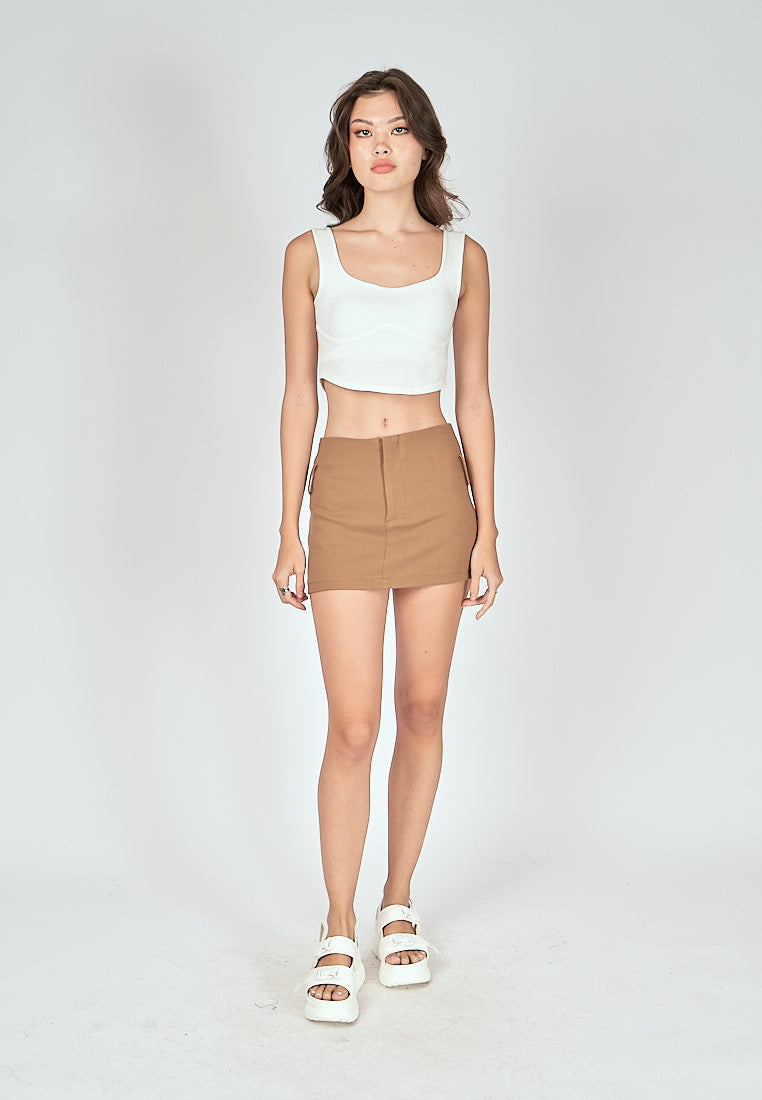 Renzel Brown Zipper Fly Sexy Mini Skirt with Belt