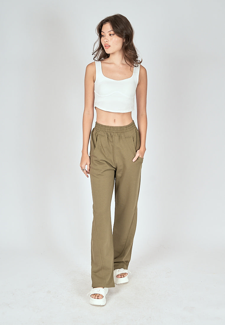 Bobby Army Green Elastic Waist Side Pockets Straight Cut Sweatpants