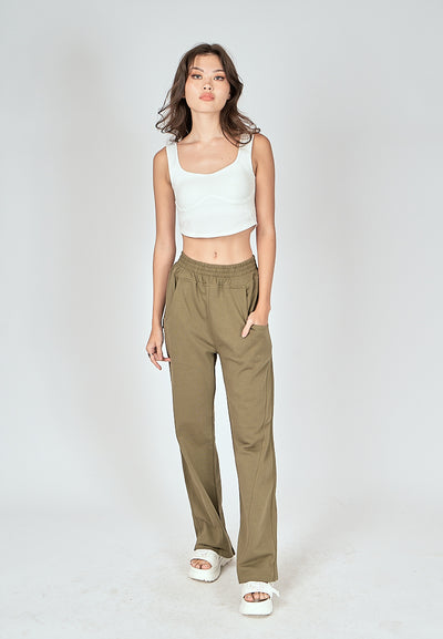 Bobby Army Green Elastic Waist Side Pockets Straight Cut Sweatpants