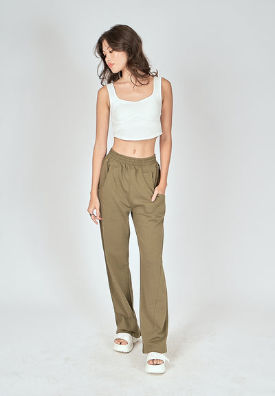 Bobby Army Green Elastic Waist Side Pockets Straight Cut Sweatpants