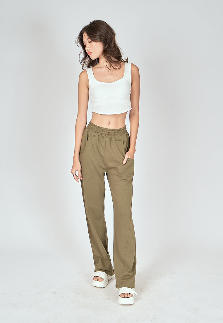 Bobby Army Green Elastic Waist Side Pockets Straight Cut Sweatpants