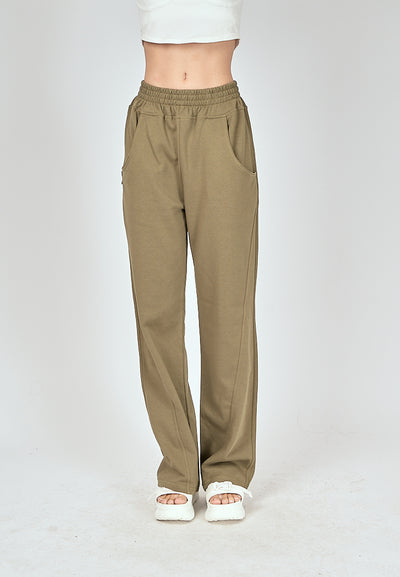 Bobby Army Green Elastic Waist Side Pockets Straight Cut Sweatpants