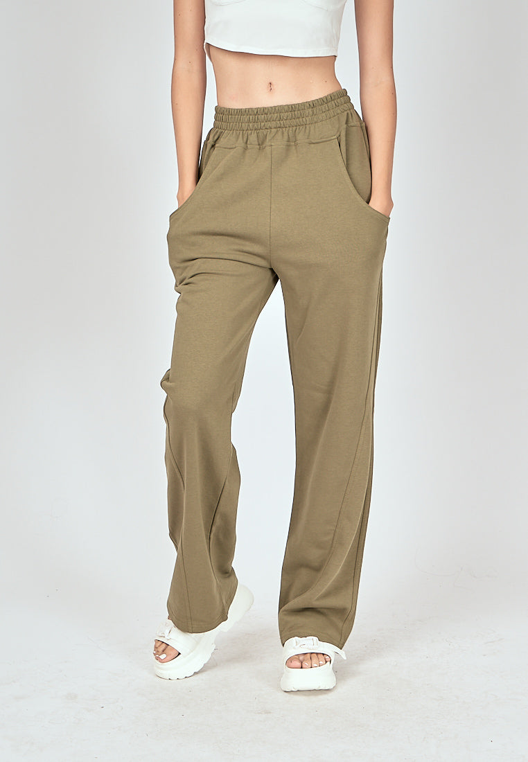 Bobby Army Green Elastic Waist Side Pockets Straight Cut Sweatpants