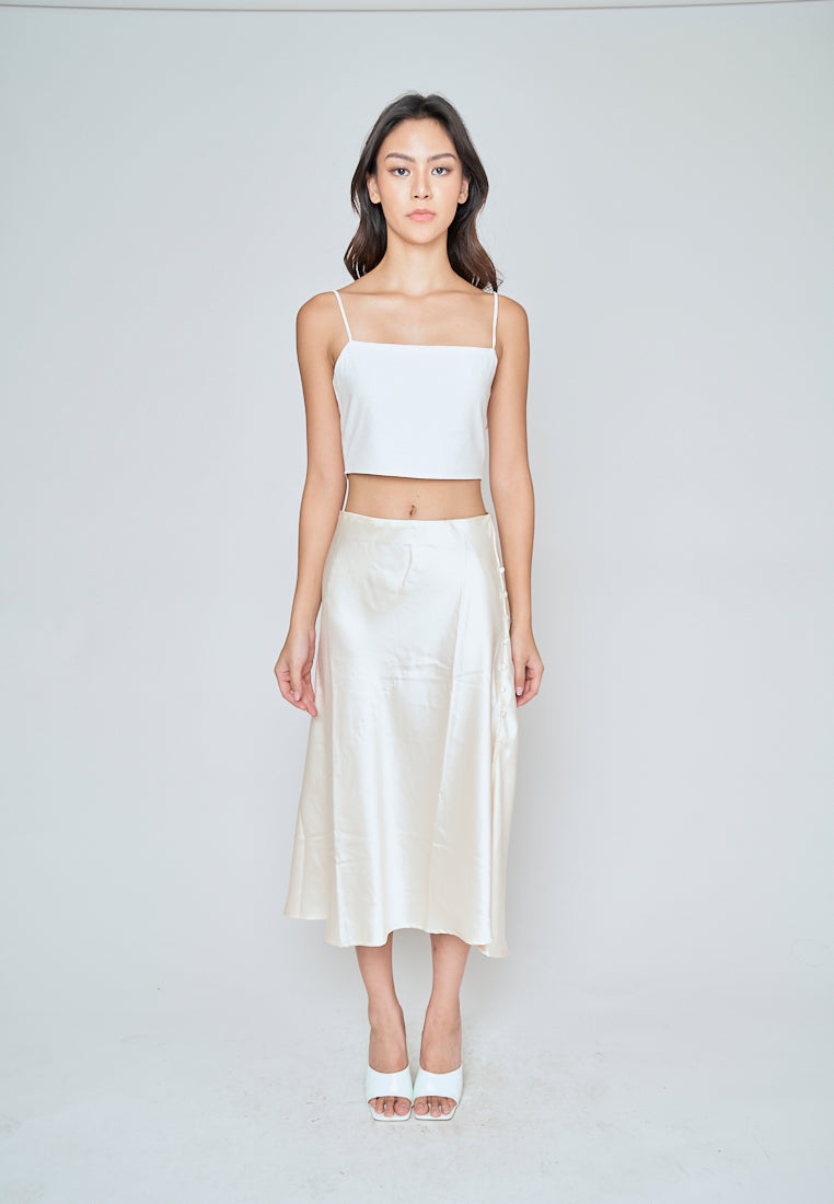 Ainsley Cream Silk Side Buttons Midi Skirt