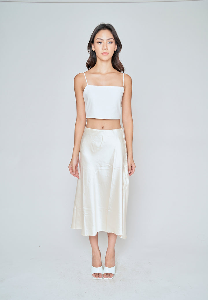Ainsley Cream Silk Side Buttons Midi Skirt