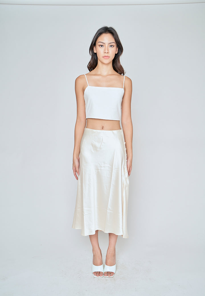 Ainsley Cream Silk Side Buttons Midi Skirt