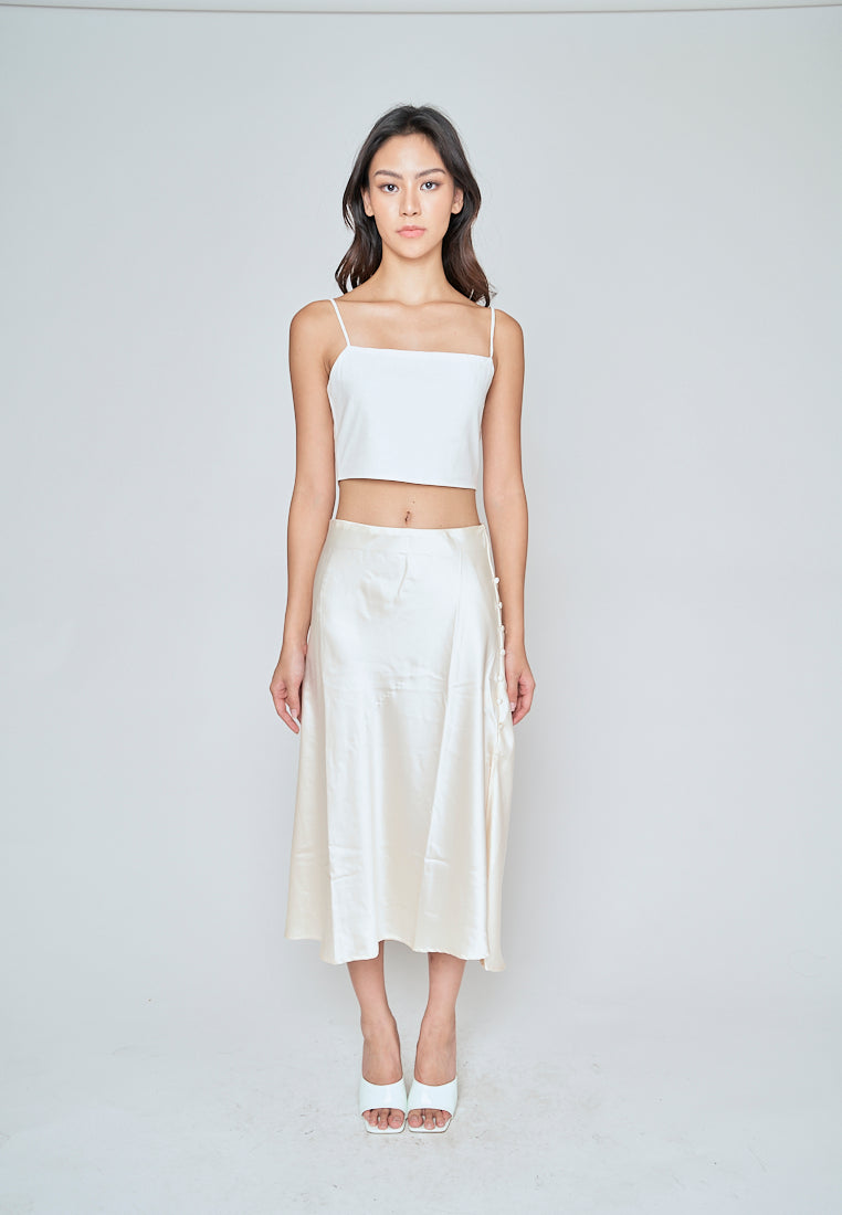 Ainsley Cream Silk Side Buttons Midi Skirt