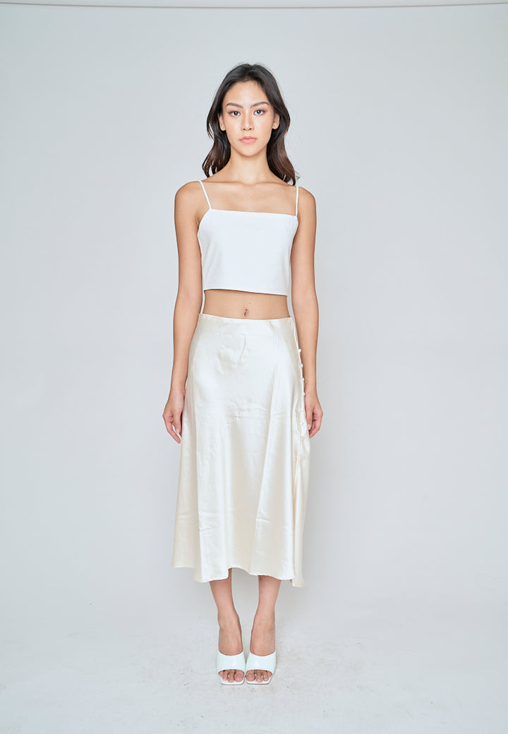 Ainsley Cream Silk Side Buttons Midi Skirt