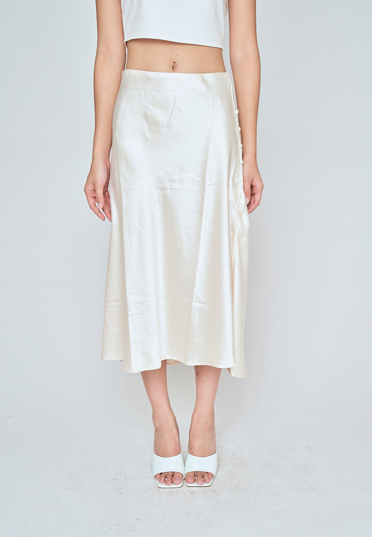 Ainsley Cream Silk Side Buttons Midi Skirt