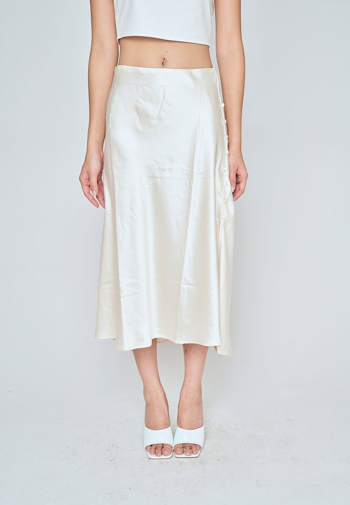 Ainsley Cream Silk Side Buttons Midi Skirt