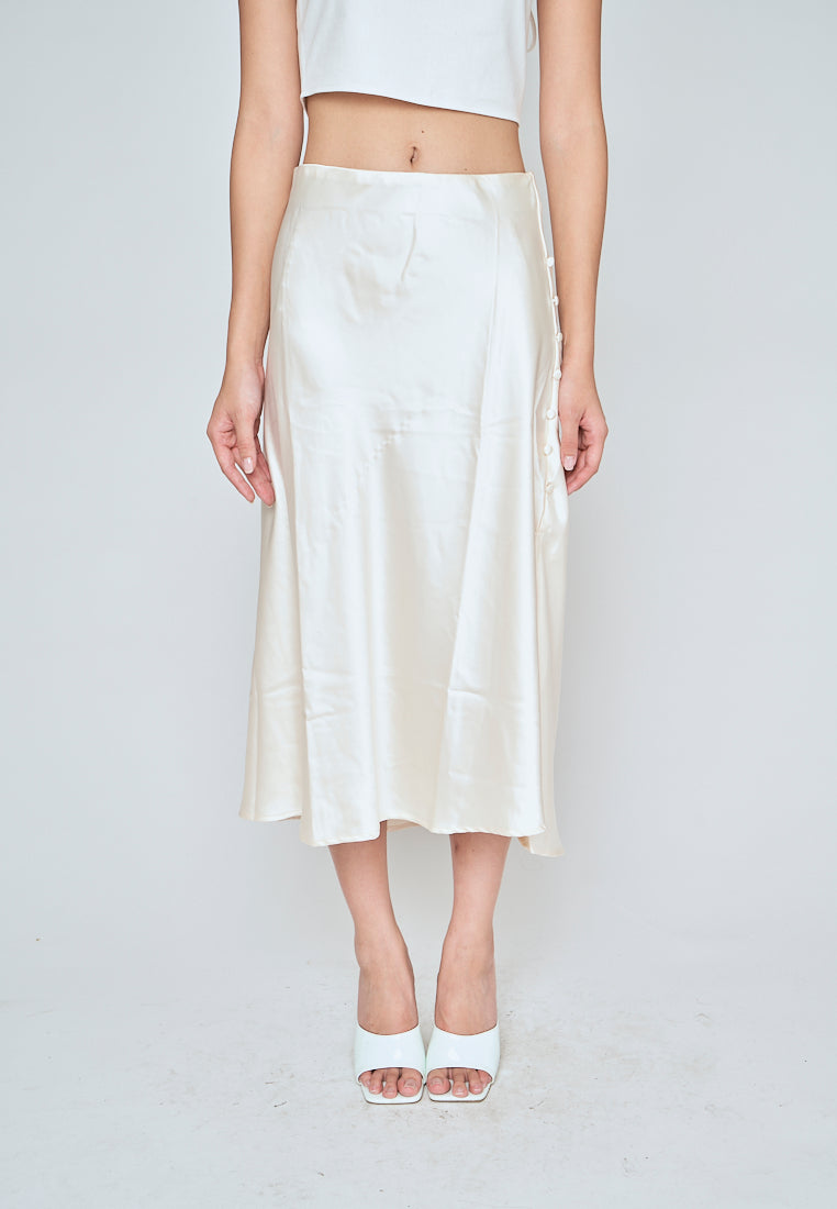 Ainsley Cream Silk Side Buttons Midi Skirt