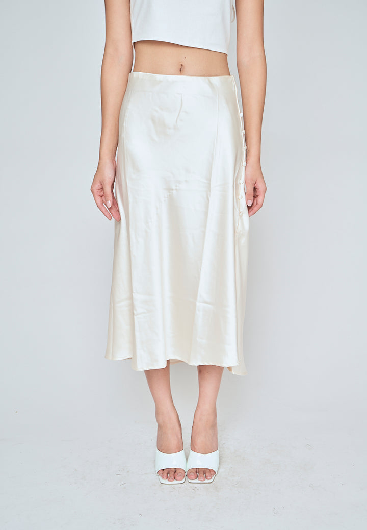 Ainsley Cream Silk Side Buttons Midi Skirt