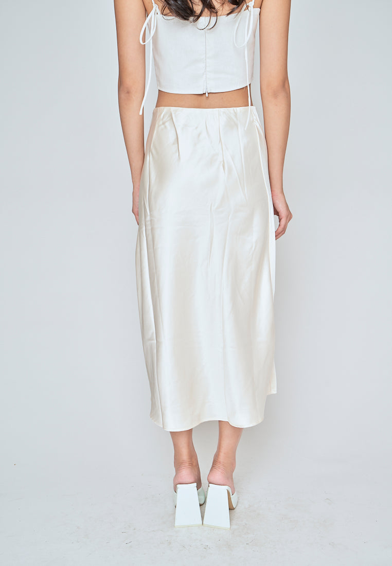 Ainsley Cream Silk Side Buttons Midi Skirt