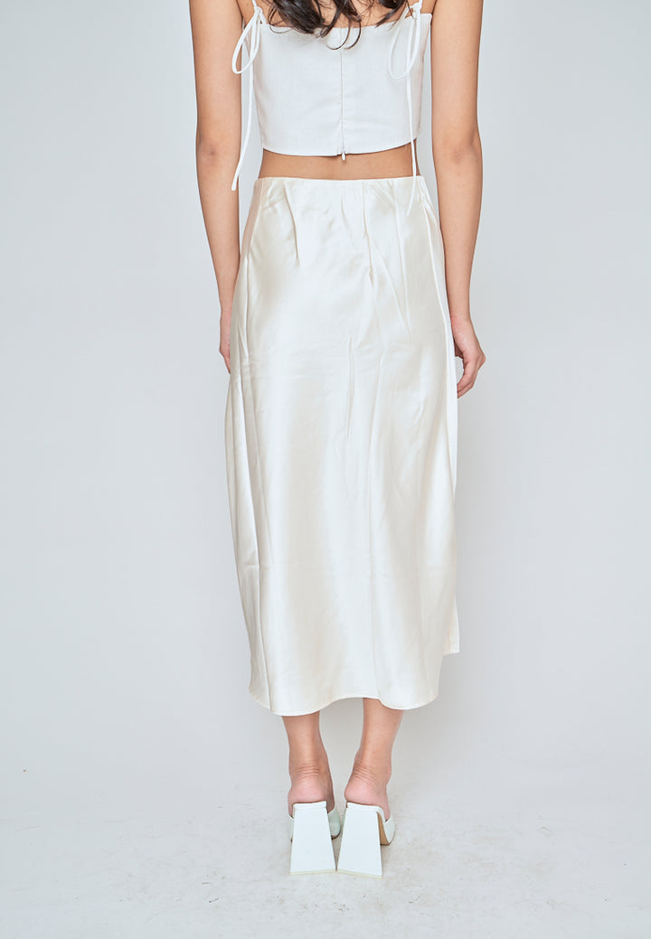 Ainsley Cream Silk Side Buttons Midi Skirt