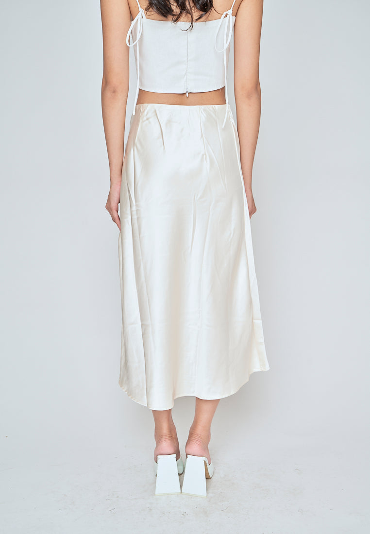 Ainsley Cream Silk Side Buttons Midi Skirt