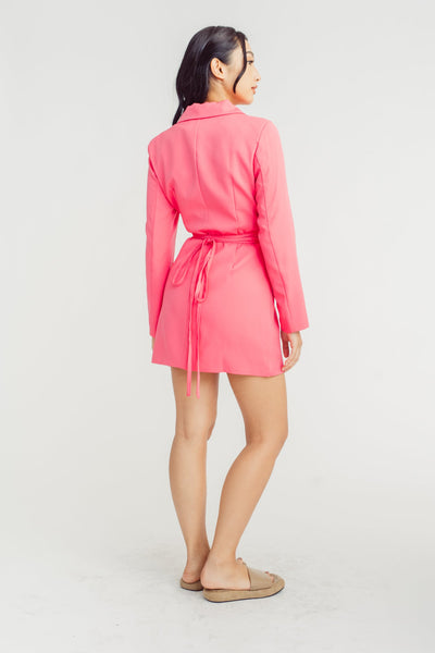 Mathilda Pink Notched Collar V Neck Overlap Long Sleeves Waist Cut Mini Dress