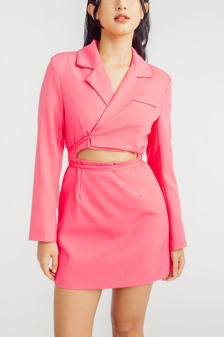 Mathilda Pink Notched Collar V Neck Overlap Long Sleeves Waist Cut Mini Dress