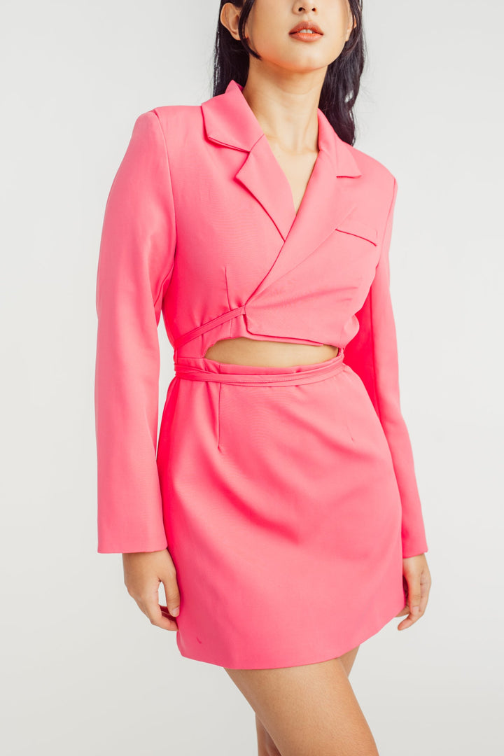 Mathilda Pink Notched Collar V Neck Overlap Long Sleeves Waist Cut Mini Dress