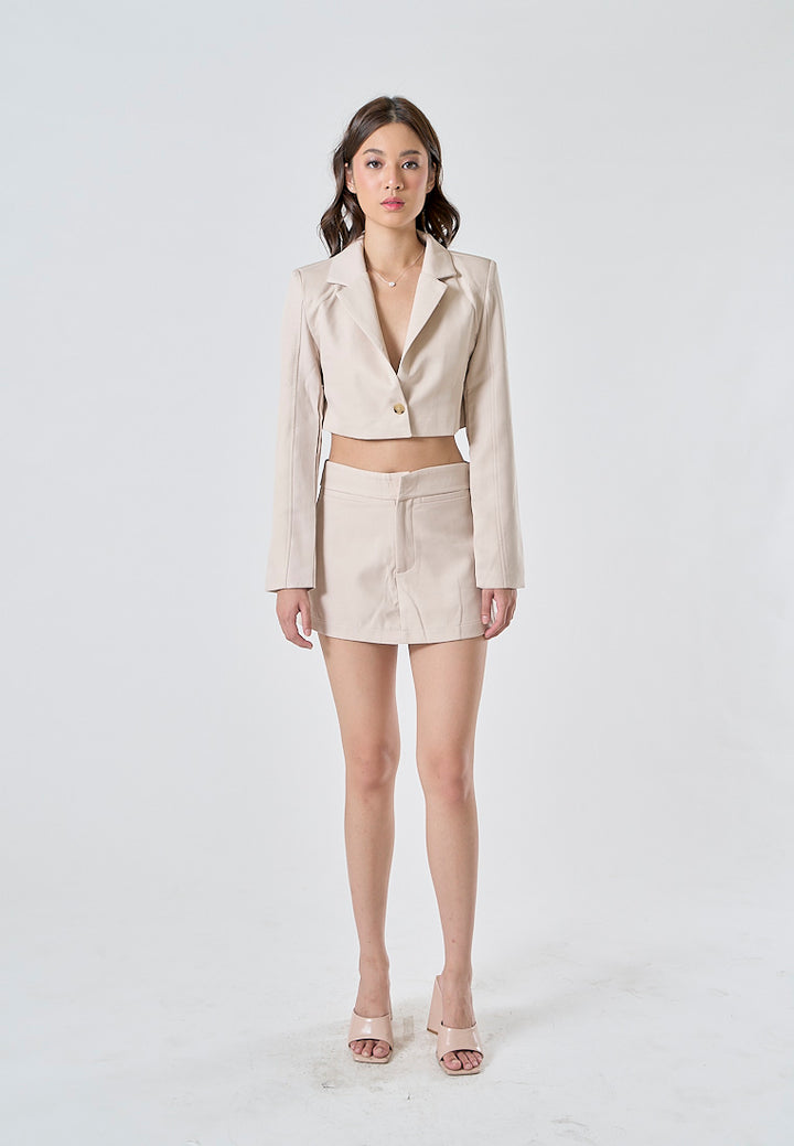 Vica Cream Notched Collar V Neck Long Sleeves Crop Blazer