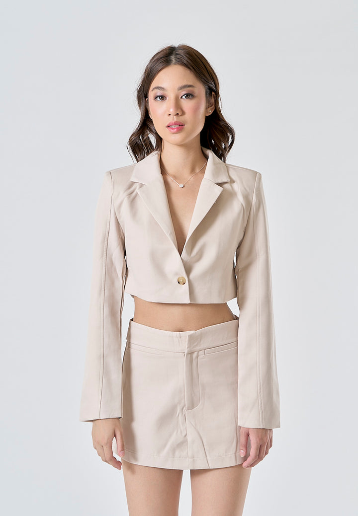 Vica Cream Notched Collar V Neck Long Sleeves Crop Blazer