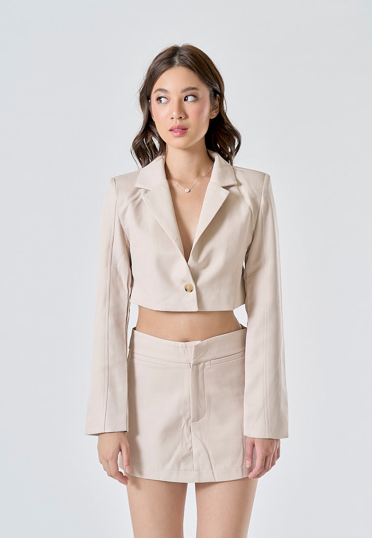 Vica Cream Notched Collar V Neck Long Sleeves Crop Blazer