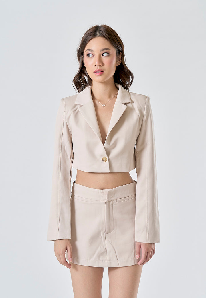 Vica Cream Notched Collar V Neck Long Sleeves Crop Blazer