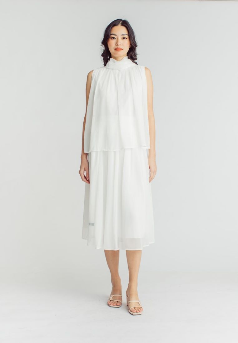 Mia White Elegant Chiffon Sleeveless Top and Midi  Skirt Set