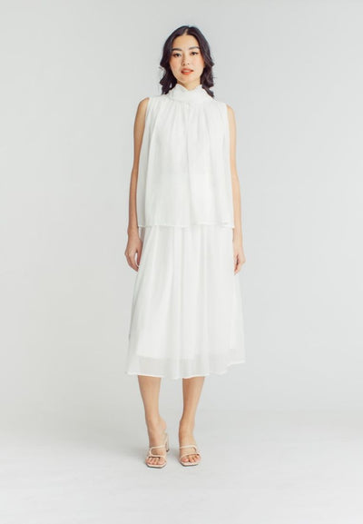 Mia White Elegant Chiffon Sleeveless Top and Midi  Skirt Set