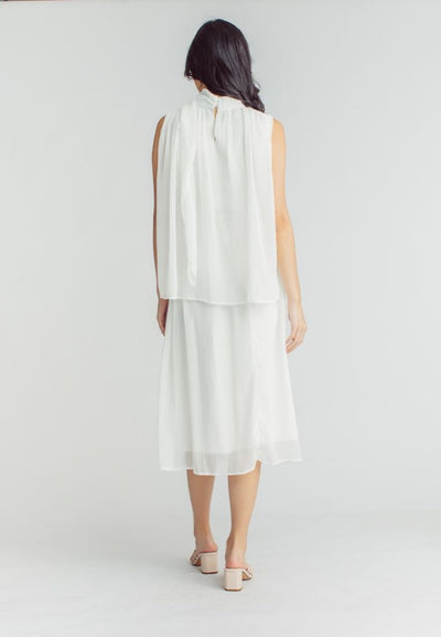 Mia White Elegant Chiffon Sleeveless Top and Midi  Skirt Set