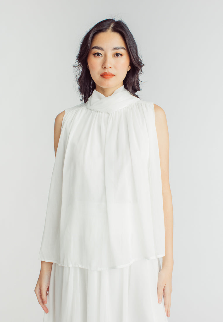 Mia White Elegant Chiffon Sleeveless Top and Midi  Skirt Set