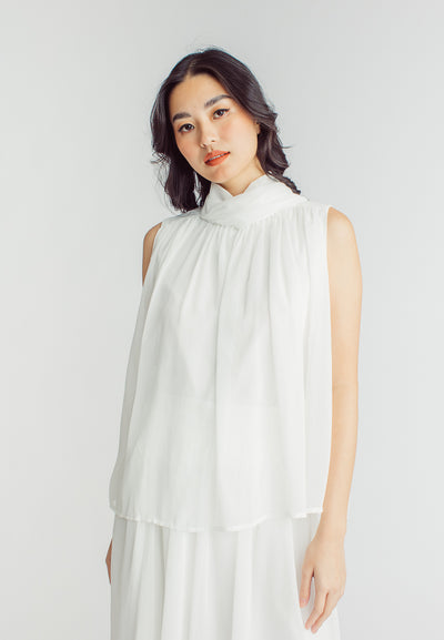 Mia White Elegant Chiffon Sleeveless Top and Midi  Skirt Set