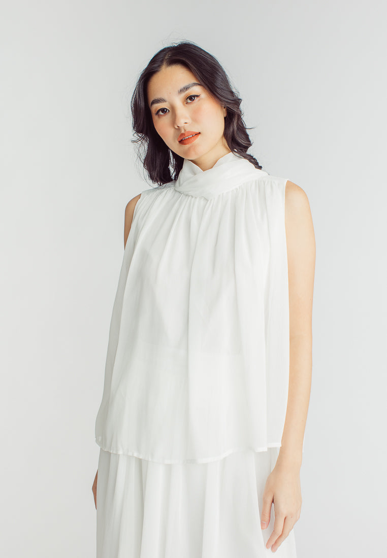 Mia White Elegant Chiffon Sleeveless Top and Midi  Skirt Set