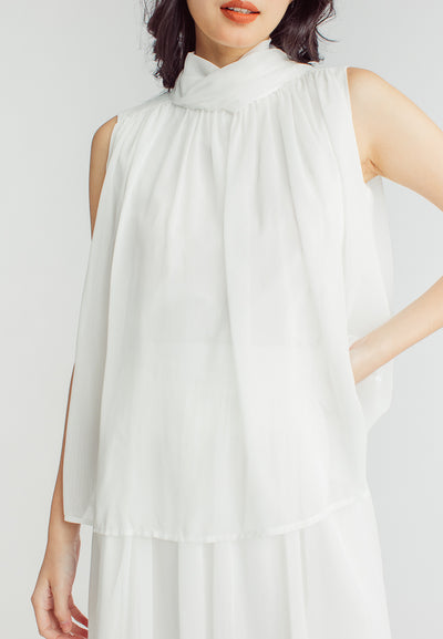 Mia White Elegant Chiffon Sleeveless Top and Midi  Skirt Set