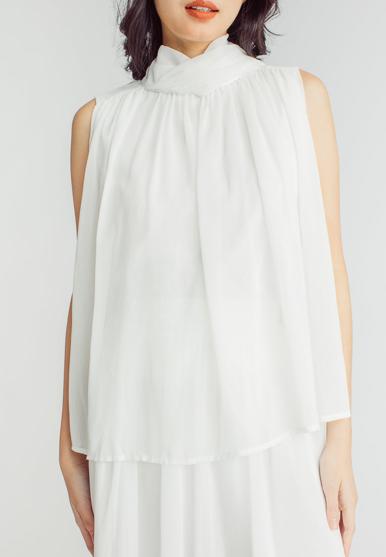 Mia White Elegant Chiffon Sleeveless Top and Midi  Skirt Set